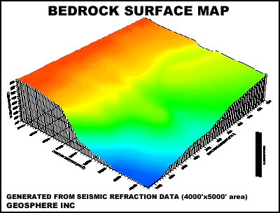 3-D color plot of bedrock topography interpolated from seismic refraction data